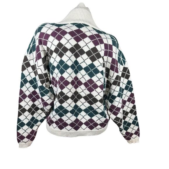 Vtg Alcott & Andrews Shawl Collar Womens L Argyle Sweater Warm 80s White Green - Picture 4 of 6